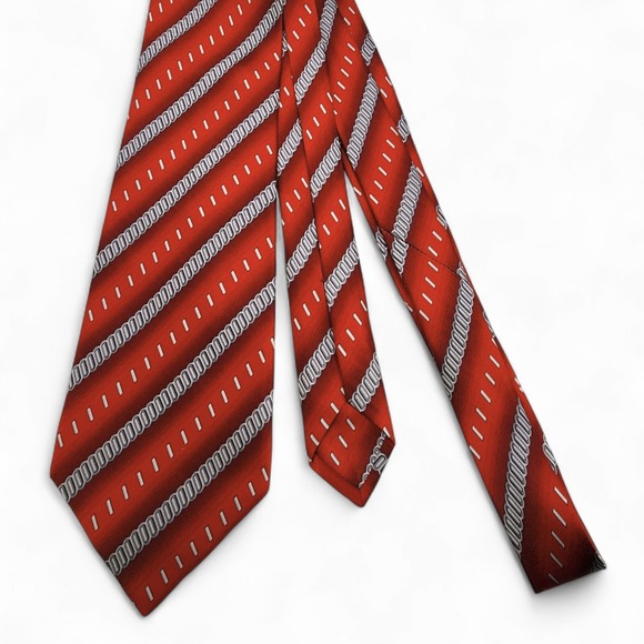 Zilli Paris Neck‎ Tie 100% Silk Hand Made Red Silver 59" x 3.9" Geometric Stripe - Picture 1 of 14
